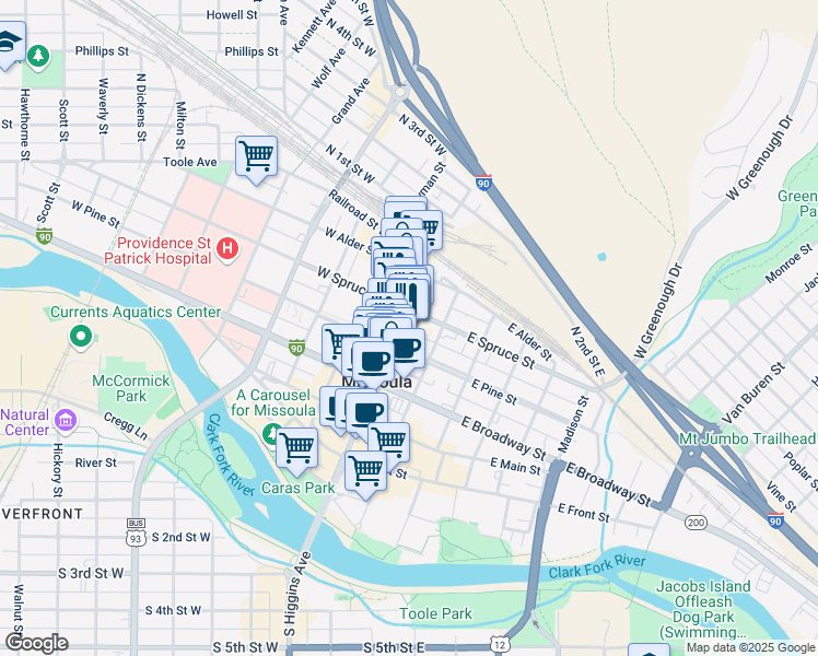 map of restaurants, bars, coffee shops, grocery stores, and more near 424 North Higgins Avenue in Missoula