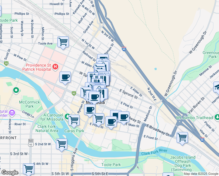 map of restaurants, bars, coffee shops, grocery stores, and more near 111 East Spruce Street in Missoula
