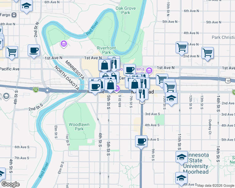 map of restaurants, bars, coffee shops, grocery stores, and more near 521 Main Avenue in Moorhead