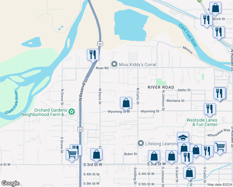 map of restaurants, bars, coffee shops, grocery stores, and more near 2301 Sherwood Lane in Missoula