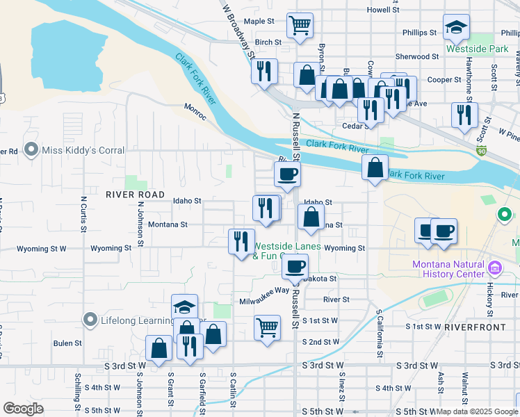 map of restaurants, bars, coffee shops, grocery stores, and more near 315 North Washburn Street in Missoula