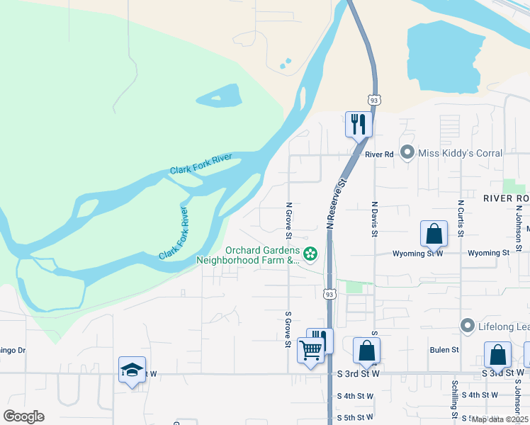 map of restaurants, bars, coffee shops, grocery stores, and more near 2647 Roderick Way in Missoula