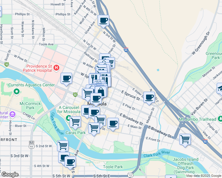 map of restaurants, bars, coffee shops, grocery stores, and more near 424 North Higgins Avenue in Missoula