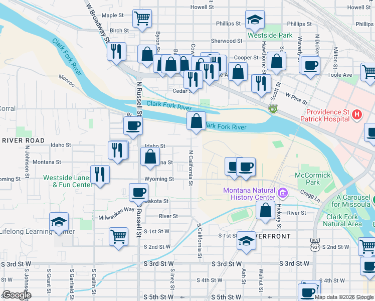 map of restaurants, bars, coffee shops, grocery stores, and more near 1228 Mount Avenue in Missoula