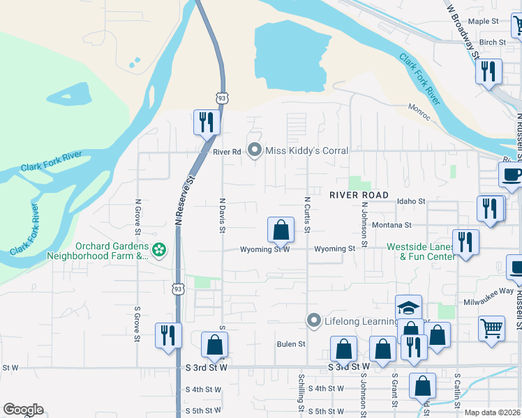 map of restaurants, bars, coffee shops, grocery stores, and more near 2301 Sherwood Lane in Missoula