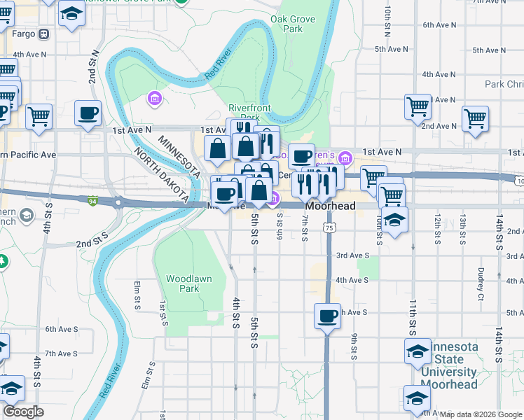 map of restaurants, bars, coffee shops, grocery stores, and more near 70 5th Street South in Moorhead