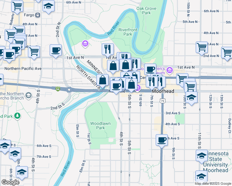 map of restaurants, bars, coffee shops, grocery stores, and more near 315 Main Avenue in Moorhead