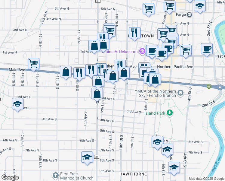 map of restaurants, bars, coffee shops, grocery stores, and more near 1108 1st Avenue South in Fargo