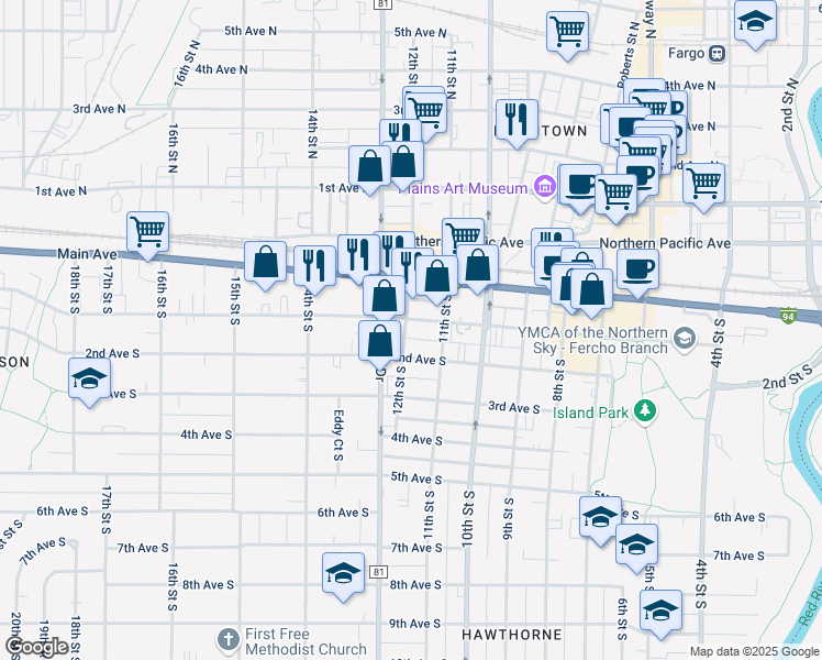 map of restaurants, bars, coffee shops, grocery stores, and more near 1108 1st Avenue South in Fargo