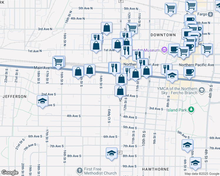 map of restaurants, bars, coffee shops, grocery stores, and more near 111 South University Drive in Fargo