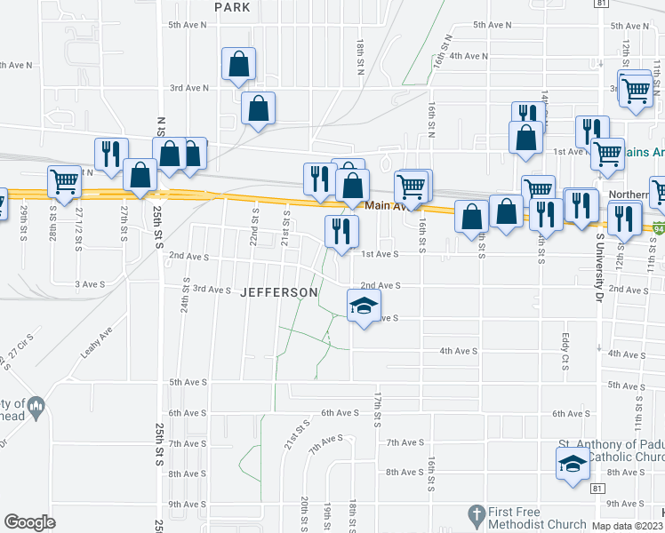 map of restaurants, bars, coffee shops, grocery stores, and more near 1819 2nd Avenue South in Fargo