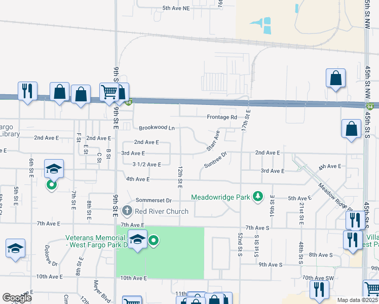 map of restaurants, bars, coffee shops, grocery stores, and more near 1240-1298 Starr Avenue in West Fargo