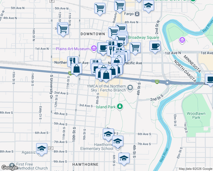 map of restaurants, bars, coffee shops, grocery stores, and more near 23 7th Street South in Fargo