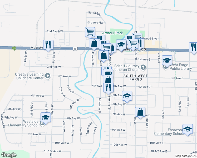 map of restaurants, bars, coffee shops, grocery stores, and more near 308 Morrison Street in West Fargo