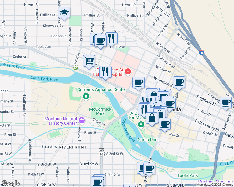 map of restaurants, bars, coffee shops, grocery stores, and more near 510 West Front Street in Missoula