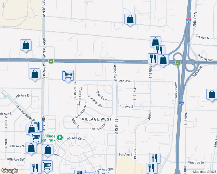 map of restaurants, bars, coffee shops, grocery stores, and more near 106 Santa Cruz Drive in Fargo