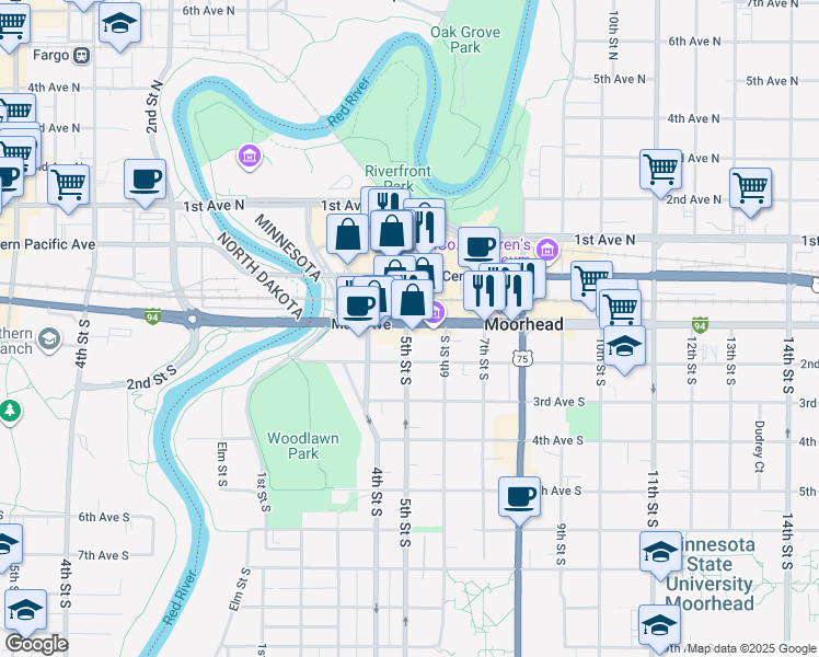map of restaurants, bars, coffee shops, grocery stores, and more near 70 5th Street South in Moorhead