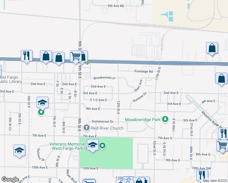 map of restaurants, bars, coffee shops, grocery stores, and more near 1100 3rd Avenue East in West Fargo
