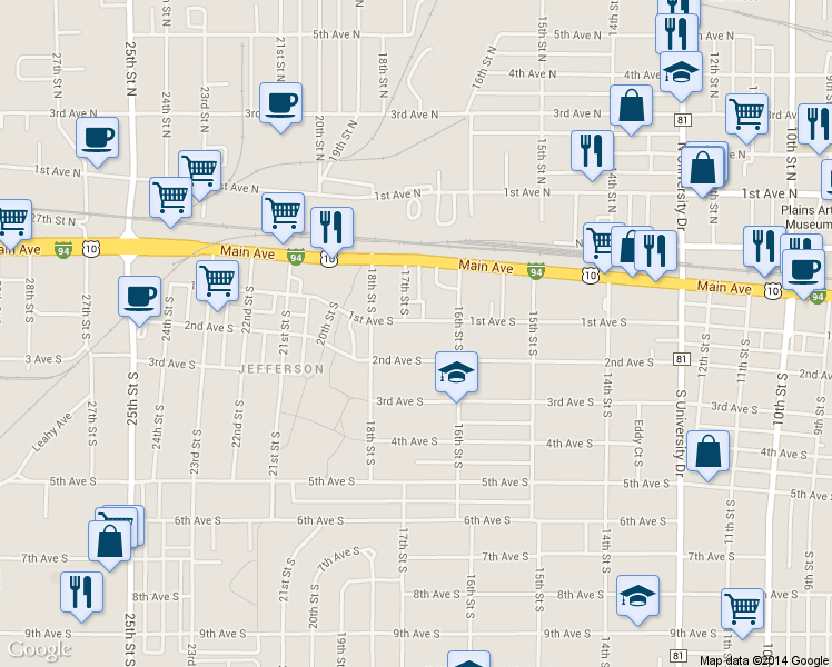 map of restaurants, bars, coffee shops, grocery stores, and more near 1630 1st Avenue South in Fargo