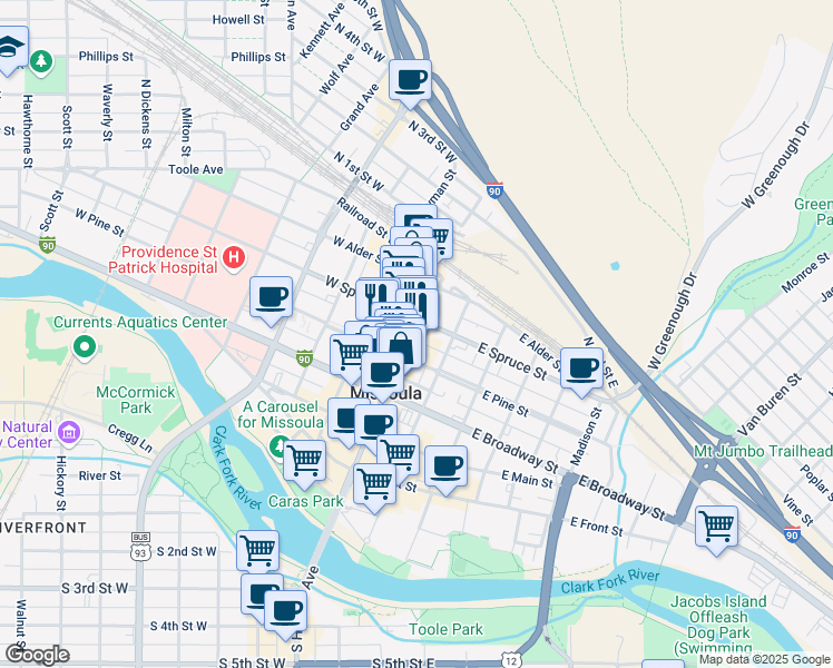map of restaurants, bars, coffee shops, grocery stores, and more near 430 North Higgins Avenue in Missoula