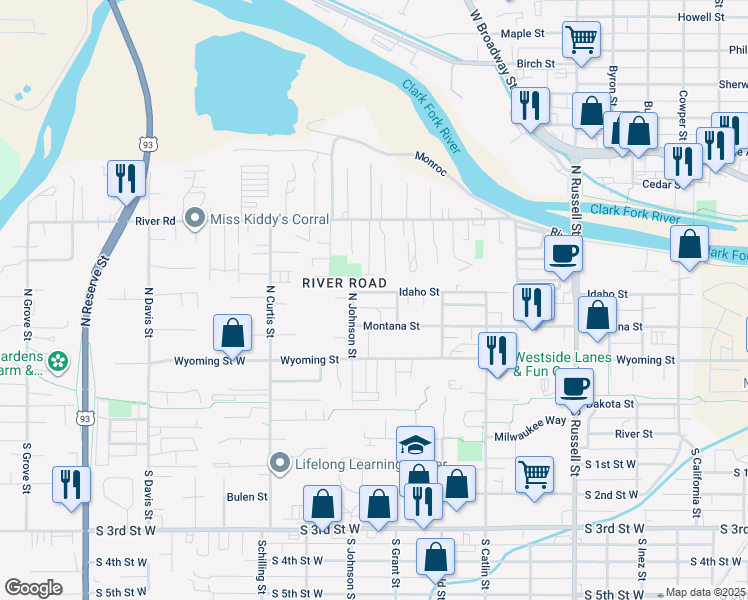 map of restaurants, bars, coffee shops, grocery stores, and more near 1939 Idaho Street in Missoula