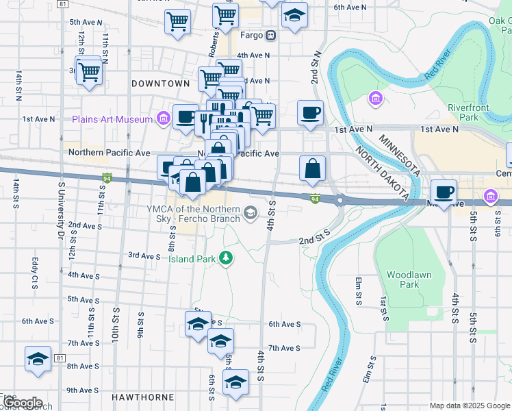 map of restaurants, bars, coffee shops, grocery stores, and more near in Fargo