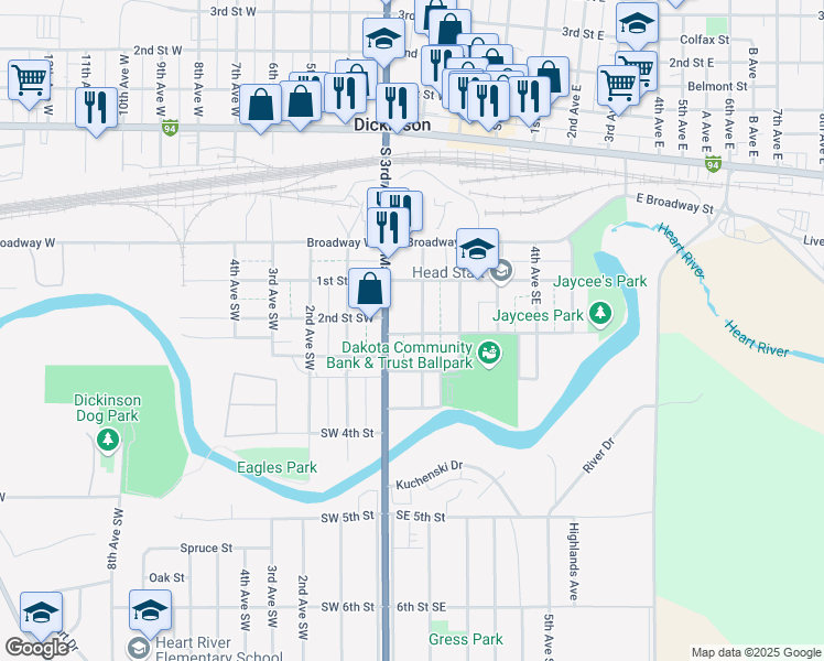 map of restaurants, bars, coffee shops, grocery stores, and more near 21 2nd Street Southeast in Dickinson