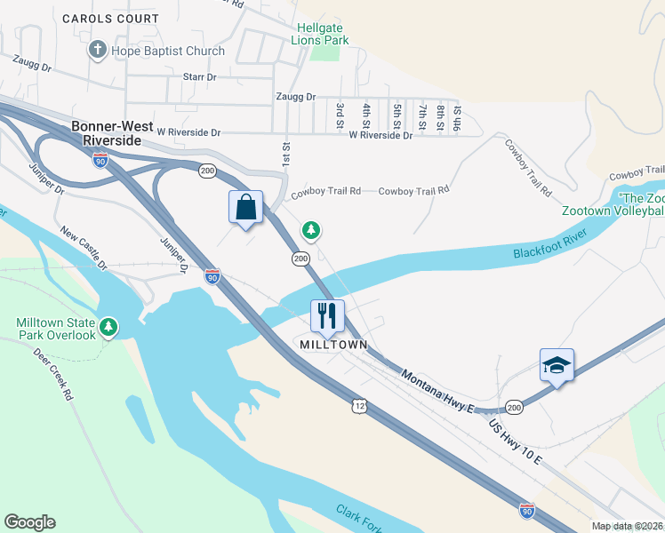 map of restaurants, bars, coffee shops, grocery stores, and more near 150 Anaconda in Bonner-West Riverside