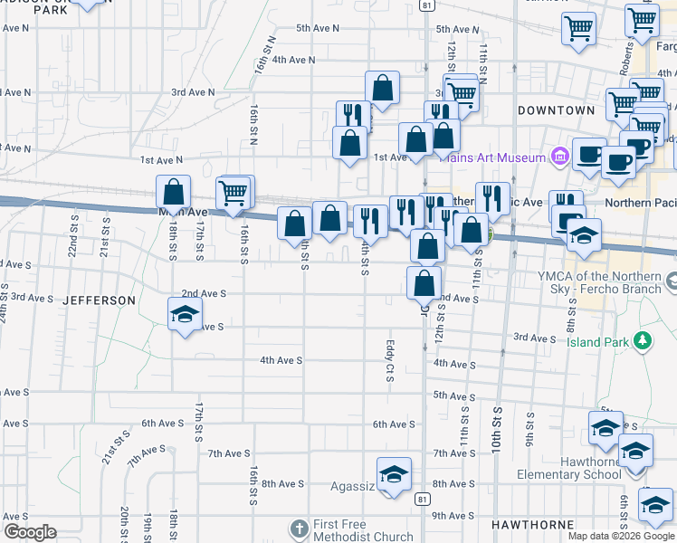 map of restaurants, bars, coffee shops, grocery stores, and more near 1422 1st Avenue South in Fargo