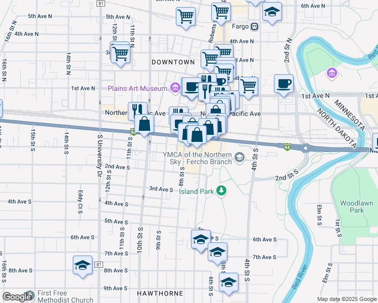 map of restaurants, bars, coffee shops, grocery stores, and more near 20 8th Street North in Fargo