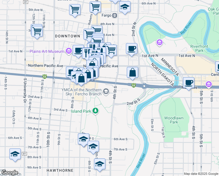 map of restaurants, bars, coffee shops, grocery stores, and more near 406 Main Avenue in Fargo
