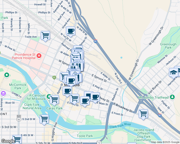 map of restaurants, bars, coffee shops, grocery stores, and more near 212 East Spruce Street in Missoula