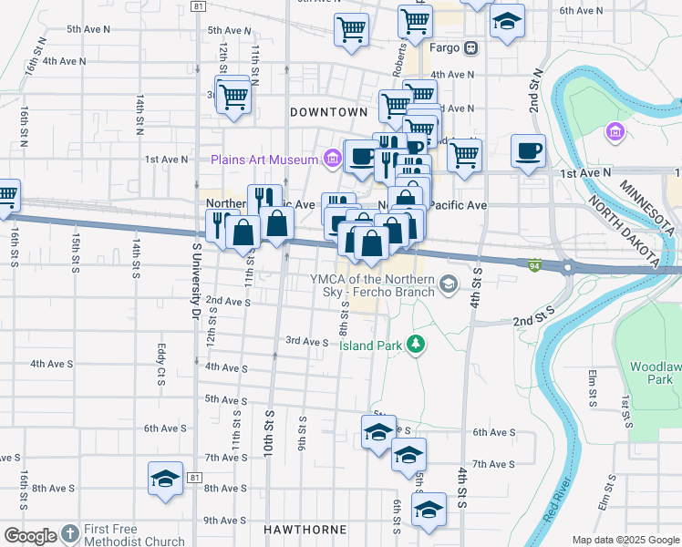 map of restaurants, bars, coffee shops, grocery stores, and more near 21 8th Street South in Fargo
