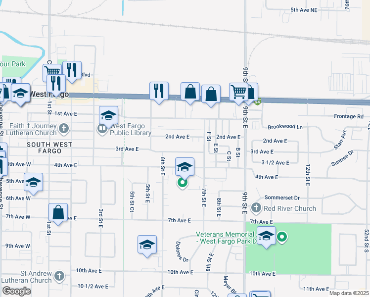 map of restaurants, bars, coffee shops, grocery stores, and more near 614 3rd Avenue East in West Fargo