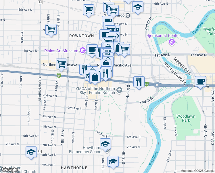 map of restaurants, bars, coffee shops, grocery stores, and more near 21 Broadway North in Fargo