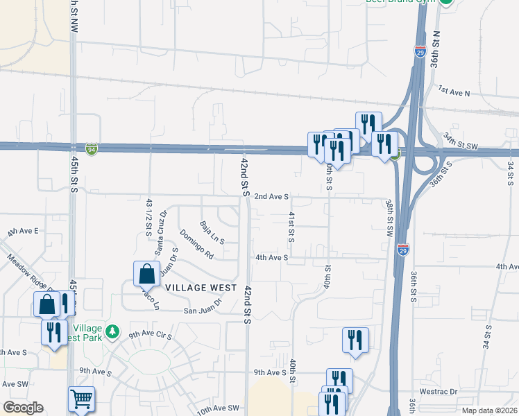 map of restaurants, bars, coffee shops, grocery stores, and more near 42nd Street Southwest in Fargo