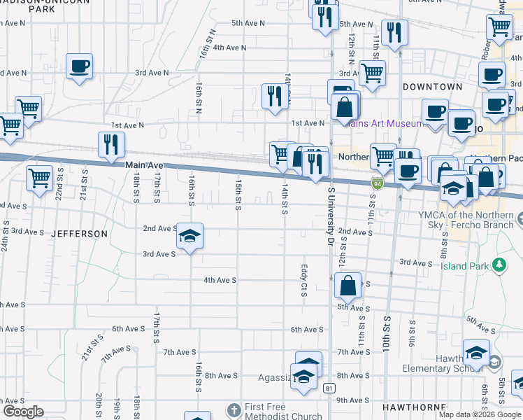 map of restaurants, bars, coffee shops, grocery stores, and more near 1422 1st Avenue South in Fargo