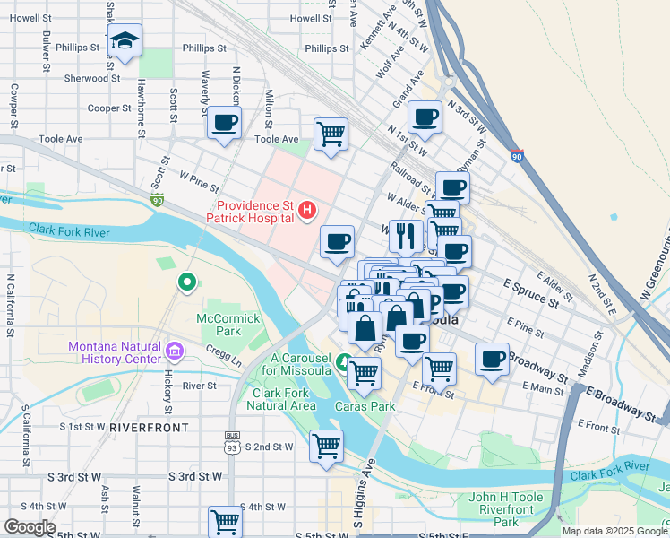 map of restaurants, bars, coffee shops, grocery stores, and more near in Missoula