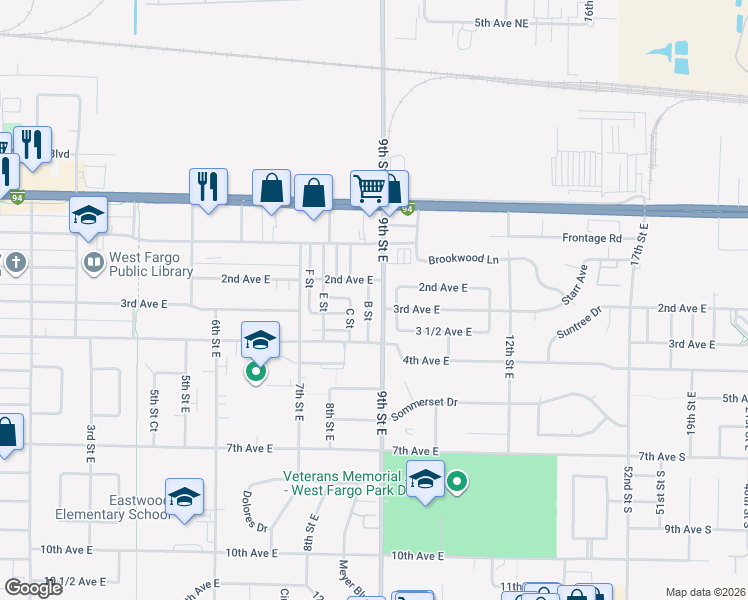 map of restaurants, bars, coffee shops, grocery stores, and more near 433-499 B Street in West Fargo