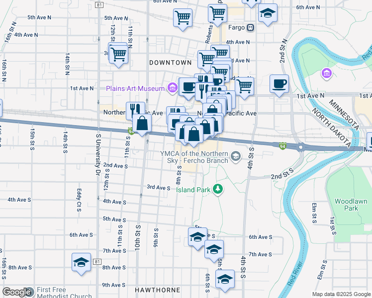 map of restaurants, bars, coffee shops, grocery stores, and more near 20 8th Street North in Fargo