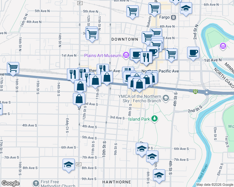 map of restaurants, bars, coffee shops, grocery stores, and more near 906 1st Avenue South in Fargo