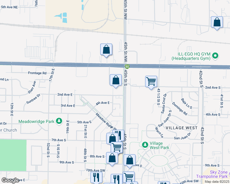 map of restaurants, bars, coffee shops, grocery stores, and more near 2202 2nd Avenue East in West Fargo