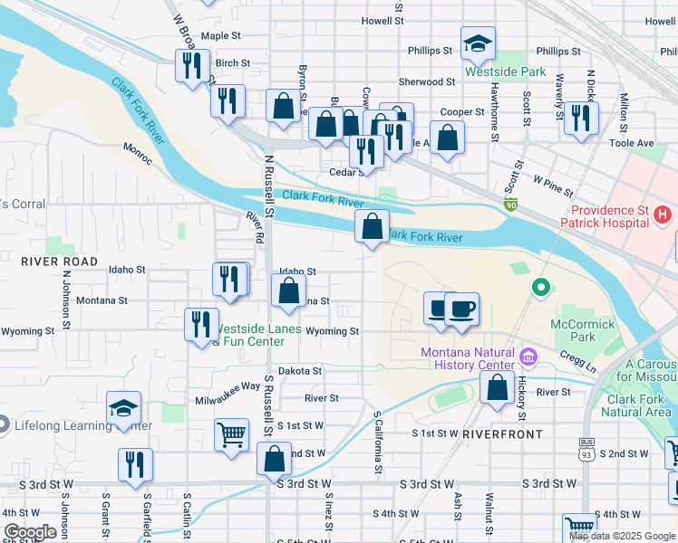 map of restaurants, bars, coffee shops, grocery stores, and more near 1228 Mount Avenue in Missoula