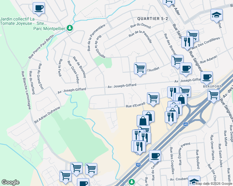 map of restaurants, bars, coffee shops, grocery stores, and more near 283 Rue Elzéar Verreault in Québec