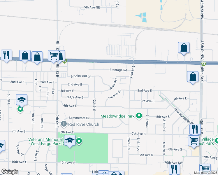 map of restaurants, bars, coffee shops, grocery stores, and more near 1240 Starr Avenue in West Fargo