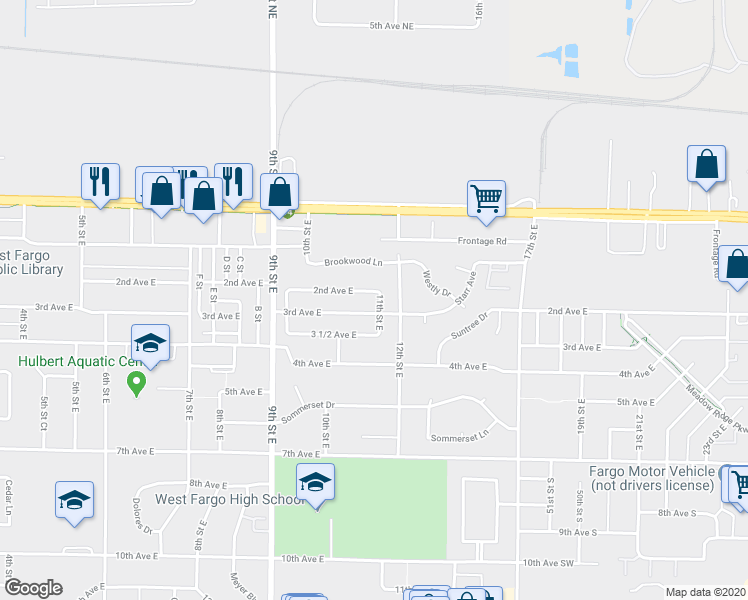 map of restaurants, bars, coffee shops, grocery stores, and more near 1017 Brookwood Lane in West Fargo