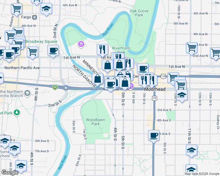map of restaurants, bars, coffee shops, grocery stores, and more near 315 Main Avenue in Moorhead