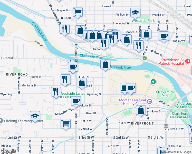map of restaurants, bars, coffee shops, grocery stores, and more near 1228 Mount Avenue in Missoula