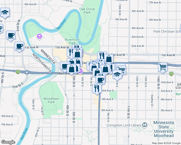 map of restaurants, bars, coffee shops, grocery stores, and more near 725 14th Street South in Moorhead