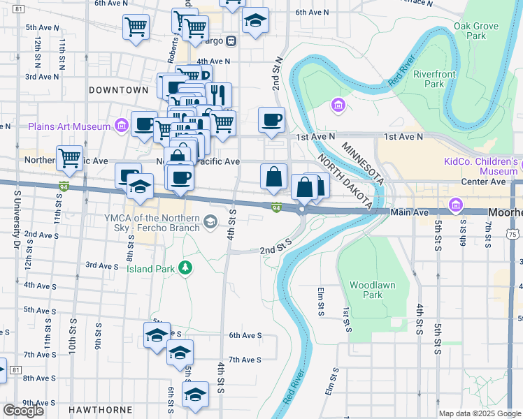 map of restaurants, bars, coffee shops, grocery stores, and more near 300 Main Avenue in Fargo